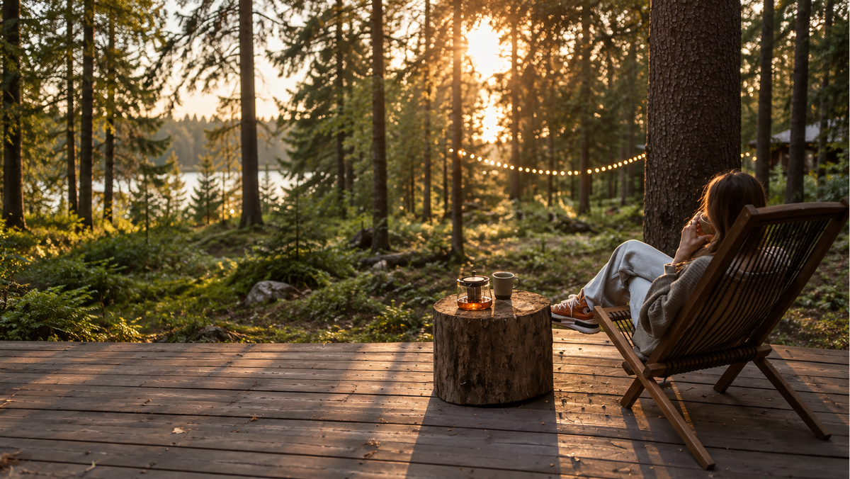 A woman relaxes in a wooden folding chair on a wooden deck, surrounded by a forest at sunset. A small tree stump side table with two cups sits beside her.